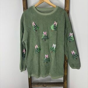 Sequin Christmas Trees Green Ribbed Pullover